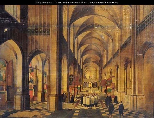 A view in a Gothic Church looking East with a service taking place at an altar on the left and a choir singing in the nave - Peeter, the Elder Neeffs