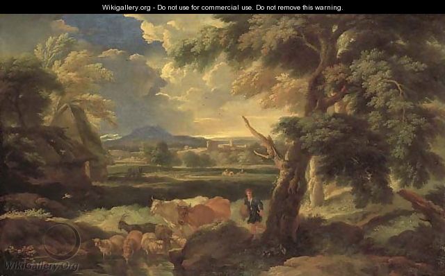 An Italianate landscape with a herdsman watering his livestock - Pieter the Younger Mulier (Tampesta, Pietro)