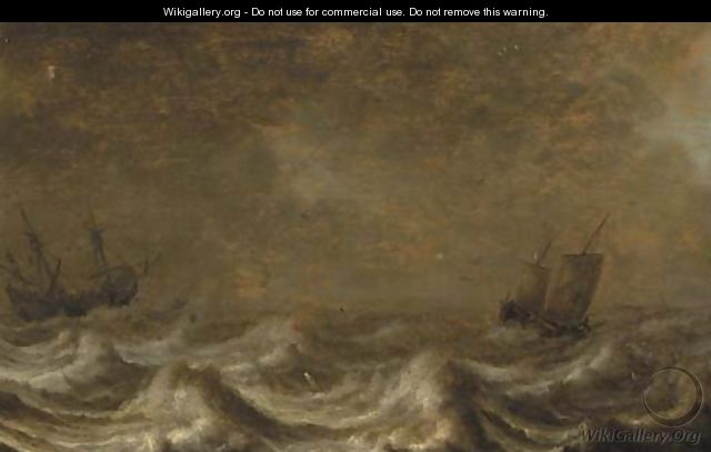 A threemaster and a wijdschip offshore, as a storm approaches - Pieter the Elder Mulier
