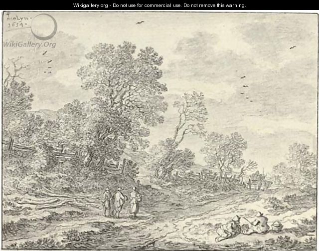 Two peasants reclining on a bank by a road, three travellers and two carts seen beyond - Pieter de Molyn