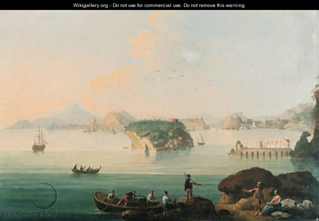 View of Pozzuoli, with fishermen bringing in their catch in the foreground, Vesuvius beyond - Pietro Antoniani