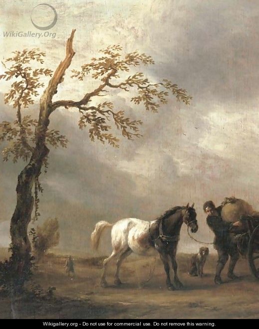 A horse stalling with a peasant loading a cart in a landscape - Philips Wouwerman