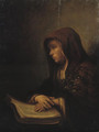 An old woman seated at a table with her hands resting on an open book - Pieter Harmansz Verelst