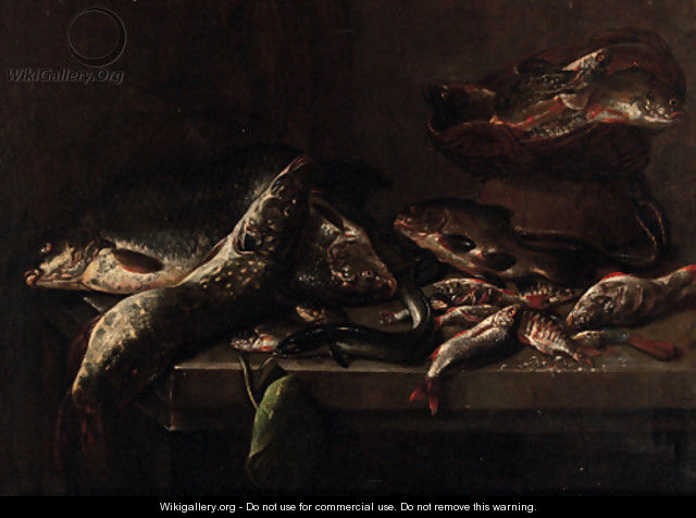 Carp, pike, eel, perch and other fish on a stone ledge - Pieter Van Noort