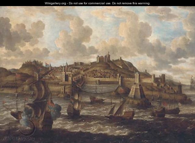 English and Dutch warships and Tunis galeasses before a fortified port, traditionally identified as Valetta - Peter van den Velde