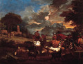 Shepherds, cowherds and muleteers with cattle and flock in an Italianate landscape - Pieter van Bloemen