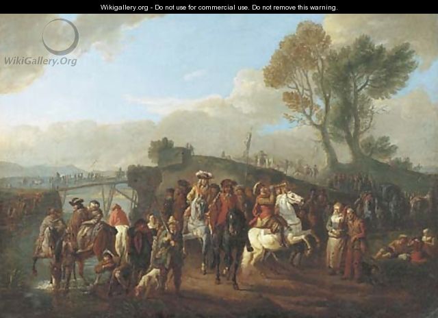 An Italianate river landscape with cavalry on the march - Pieter van Bloemen