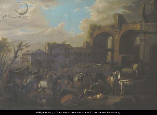 Travellers on horseback by a blacksmith with peasants and their cattle near the ruin of the Basilica of Constantine and the San Francesco Romana - Pieter van Bloemen