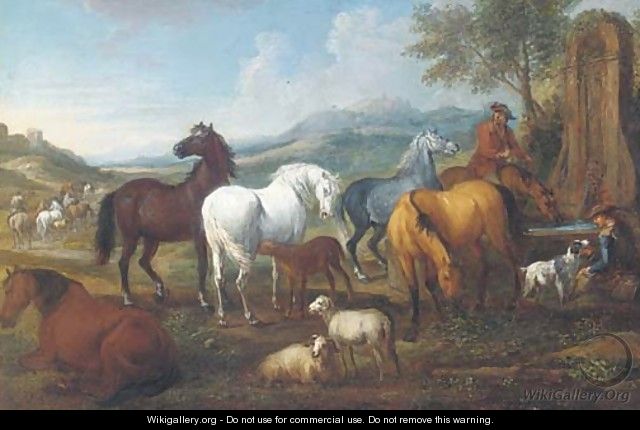 An extensive landscape with horses at a trough - Pieter van Bloemen