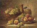 Grapes in a basket with a dish of peaches - Pierre Morain