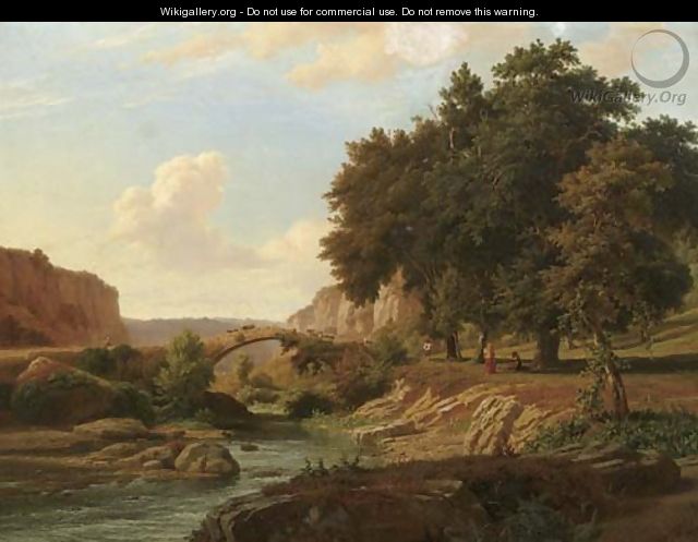 A shepherd and cattle crossing a bridge in an Italianate landscape - Pierre Louis Dubourcq