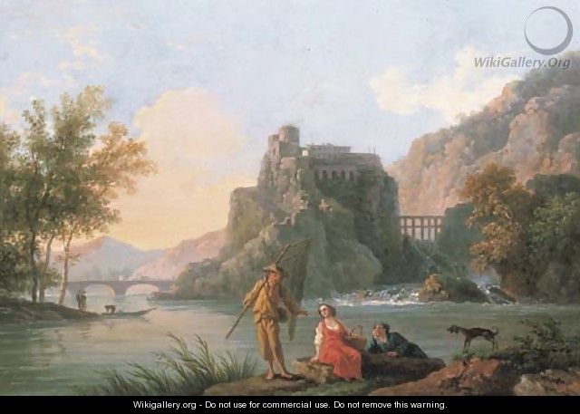 A river landscape with fishermen by the bank - Pierre Joseph Wallaert