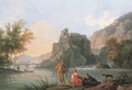 A river landscape with fishermen by the bank - Pierre Joseph Wallaert