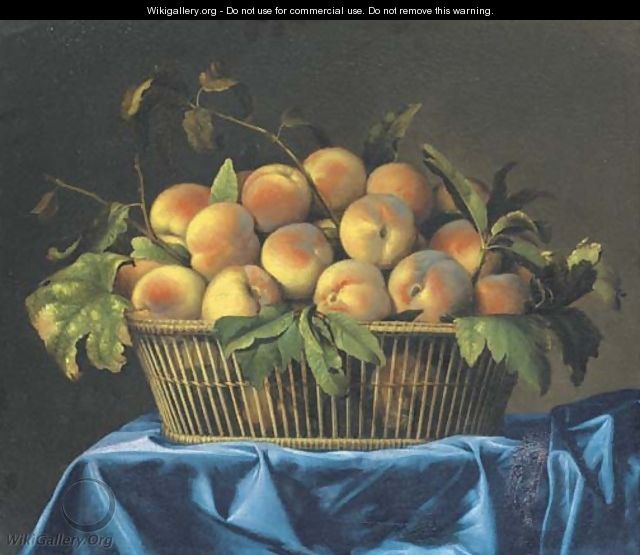 Peaches in a wicker basket on a draped table - Pierre Dupuis