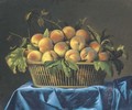 Peaches in a wicker basket on a draped table - Pierre Dupuis