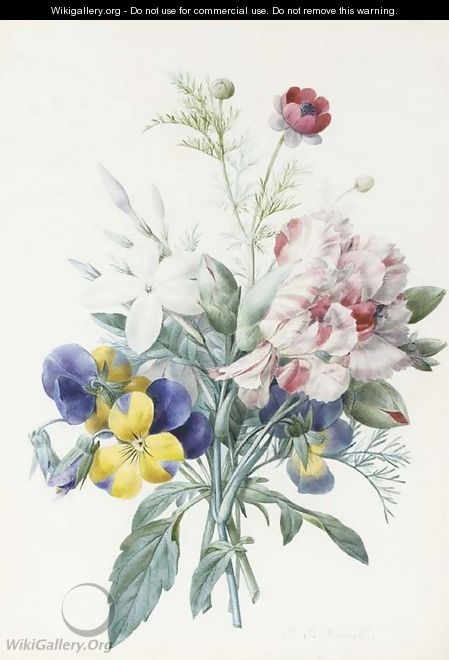 A bouquet with violas, carnations, jasmine and a poppy - Pierre-Joseph Redouté