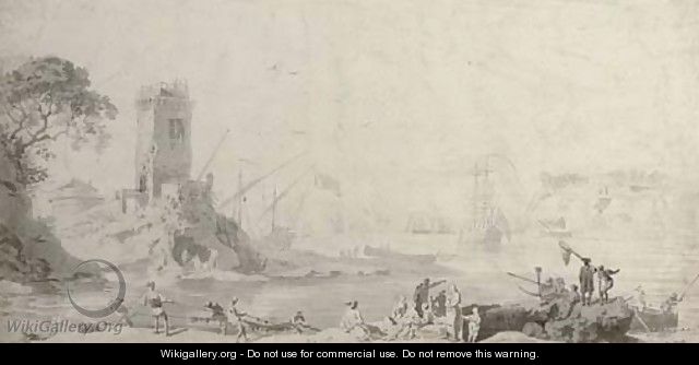 View of a harbour with fishermen hauling up nets, and a watchtower on a promontory - Pierre-Jacques Volaire