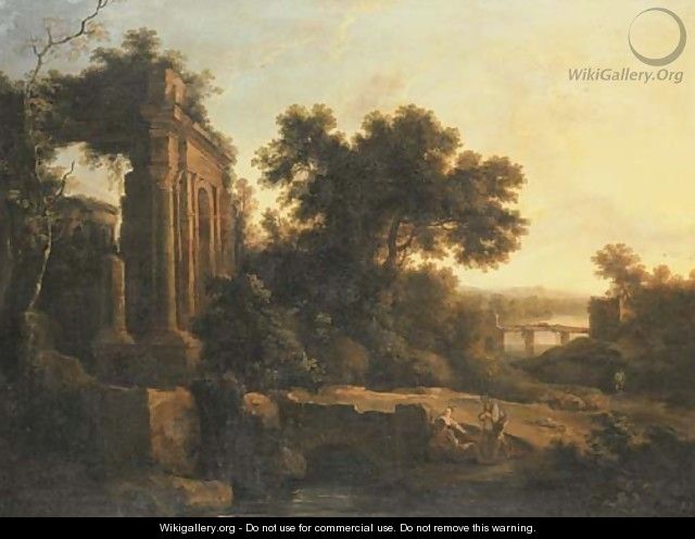 An Italianate landscape with classical ruins and figures conversing by a bridge - Pierre-Antoine Patel