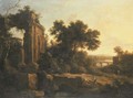 An Italianate landscape with classical ruins and figures conversing by a bridge - Pierre-Antoine Patel