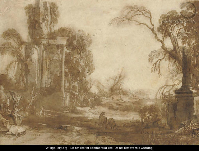 A capriccio with livestock and peasants among ruins, a shipwreck seen beyond - Pierre-Antoine Patel
