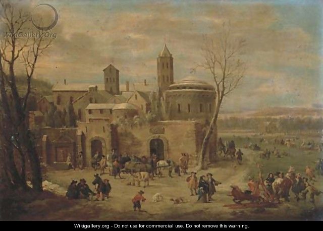 A winter landscape with figures strolling and unloading a cart outside the walls of a town, skating and sleighing on a frozen river nearby - Pieter Bout
