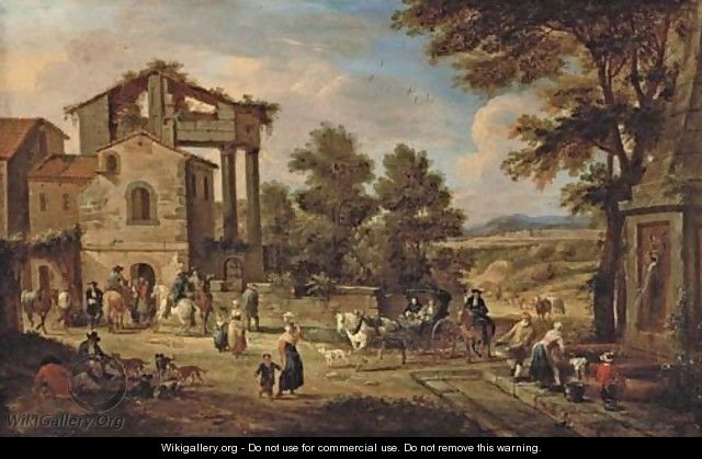 The outskirts of a town with a washerwoman, travellers and resting labourers, a landscape beyond - Pieter Bout