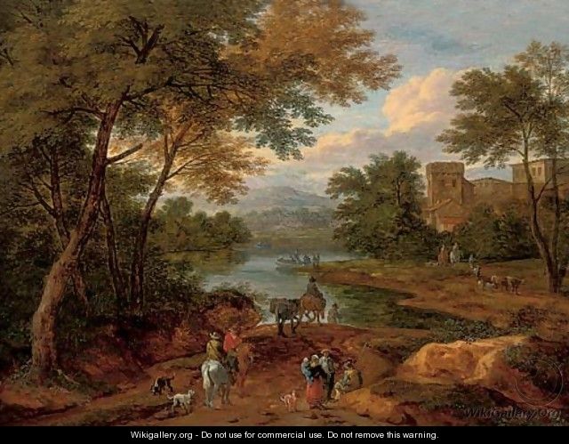 A wooded river landscape with travellers on a track, a house beyond - Pieter Bout