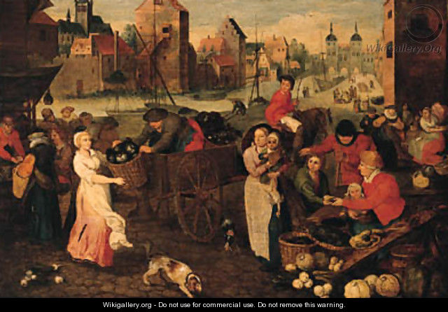 A vegetable market on a quay in a town - Peeter Baltens