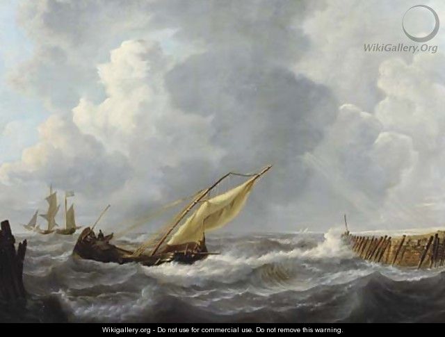 Sailing vessels by a harbour entrance - Pieter Arnout Dijxhoorn