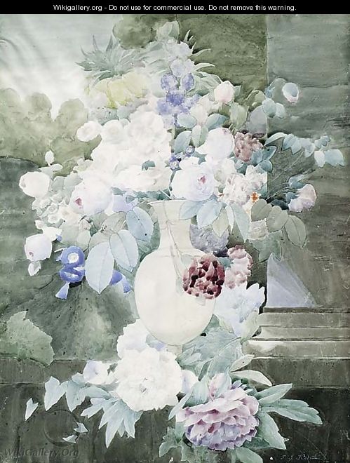 Roses, Peonies, Morning Glory and other Flowers in a Vase on a Ledge An unfinished Composition - Pierre-Joseph Redouté