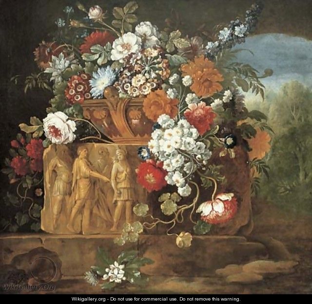 Roses, peonies, daisies and other flowers in a sculpted vase - Pieter Casteels III