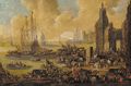 A capriccio of a northern harbour, with townsfolk, merchants, stevedores and sailors on the quays and in boats - Pieter Casteels