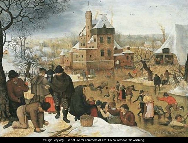 A winter landscape with peasants skating and playing kolf on a frozen river, a town beyond - Pieter The Younger Brueghel