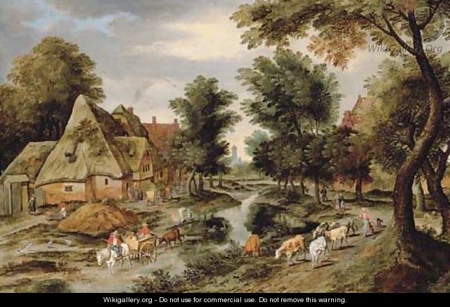 A wooded village landscape with a herdswoman on a path and a horse and cart crossing a river - Pieter The Younger Brueghel
