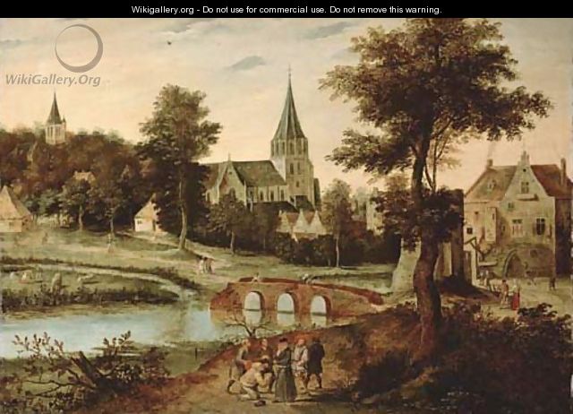 A village landscape with a bridge, figures on a track in the foreground - Pieter The Younger Brueghel