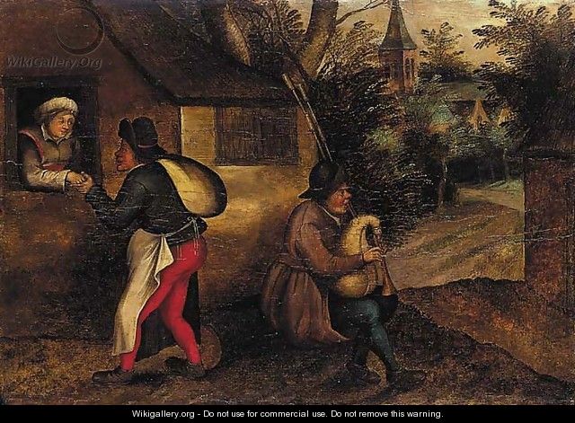 A peasant paying court to a woman, with a bagpipe player in a village - Pieter The Younger Brueghel