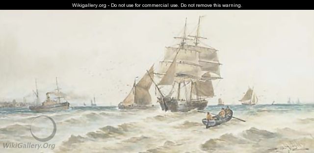 A trading brig, steamer and other shipping in coastal waters - Thomas Bush Hardy