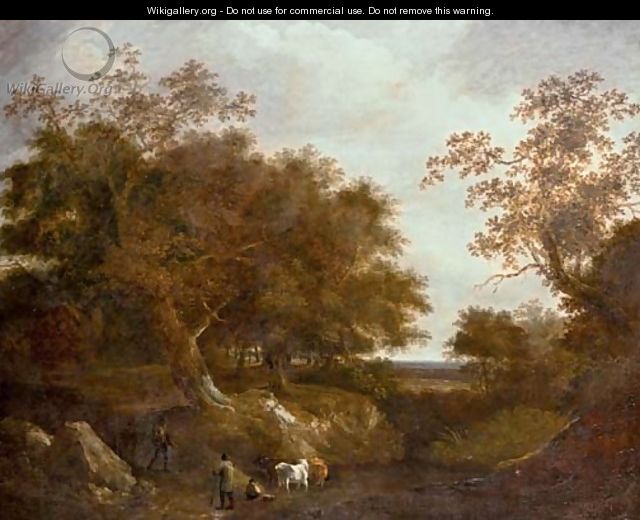 Travelers on a path with cattle watering at a pool in a wooded landscape - Thomas Barker of Bath