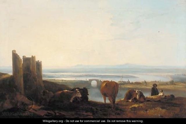 Figures and cattle resting before a river estuary at sunset - Thomas Barker of Bath