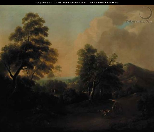 An extensive wooded landscape with drovers and cattle in the foreground - Thomas Barker of Bath