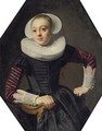 Portrait of a lady, seated three-quarter-length, in a black dress with red slashed sleeves, lace cuffs and a ruff - Thomas De Keyser
