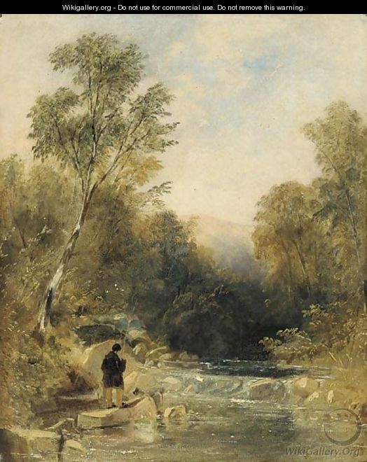 An angler on the bank of a rocky river - Thomas Creswick