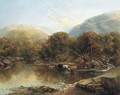 'Afternoon' Cattle watering by a lake in a mountainous landscape - Thomas Creswick