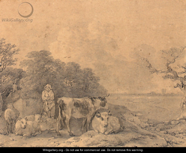 Herdsman with cows and sheep outside a cottage at the edge of a wood - Thomas Gainsborough