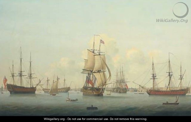 A panorama of Portsmouth harbour, with a flagship of the Red Squadron making sail as she departs - Thomas Elliott