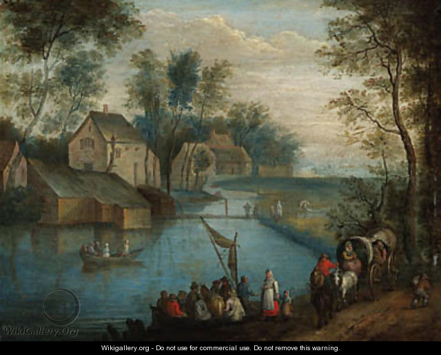 A river landscape with travellers on a path and peasants boating, a village beyond - Theobald Michau