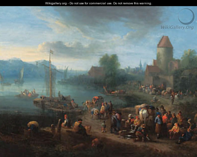 A port on an estuary with fishermen unloading their catch - Theobald Michau