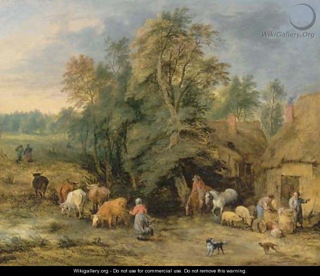 A landscape with peasants and drovers outside cottages - Theobald Michau
