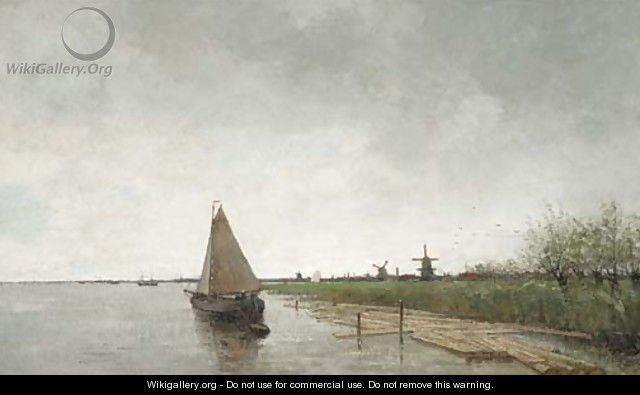 A river landscape with vessels, a city beyond - Theophile Emile Achille De Bock