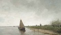 A river landscape with vessels, a city beyond - Theophile Emile Achille De Bock